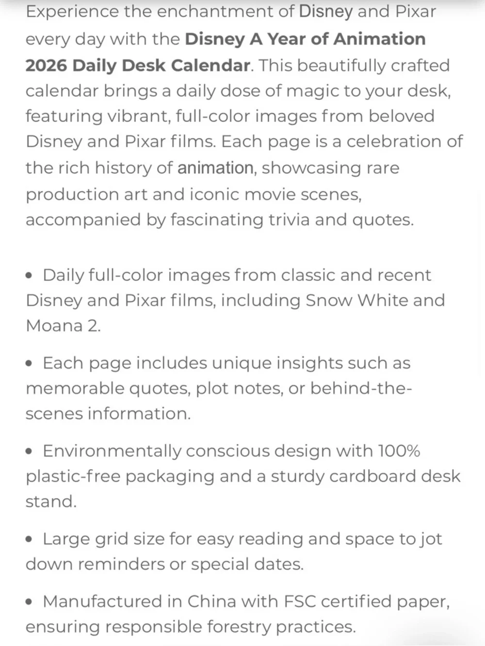 Disney A Year of Animation 2026 Desk Calendar NIB